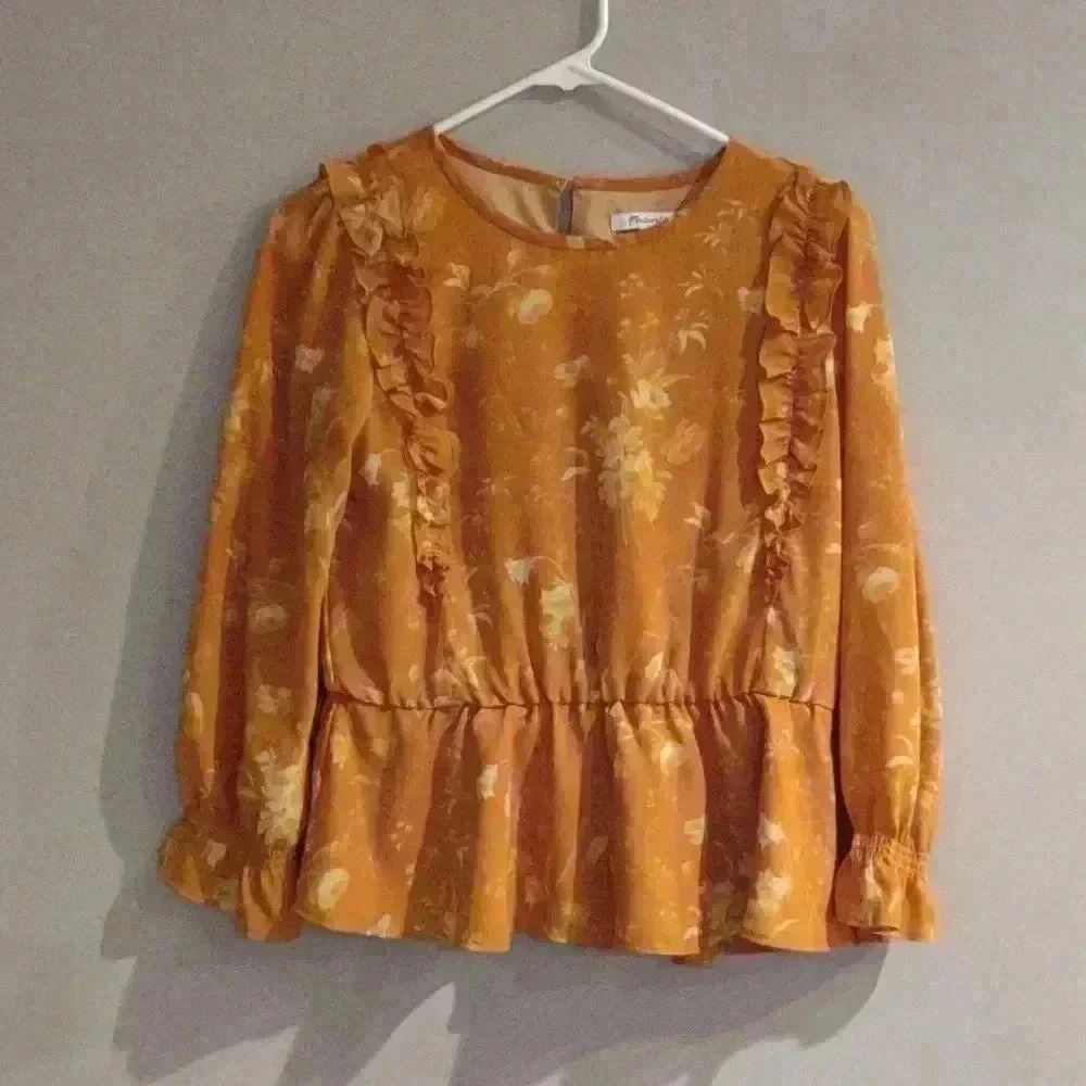 Madewell Women's Small Dry Mustard Flowered  Lined Long Sleeve Ruffle Waist Top‎